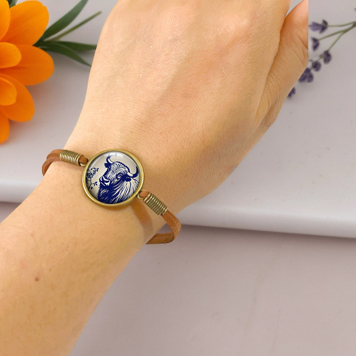 Blue Highland Cow Leather Bracelet