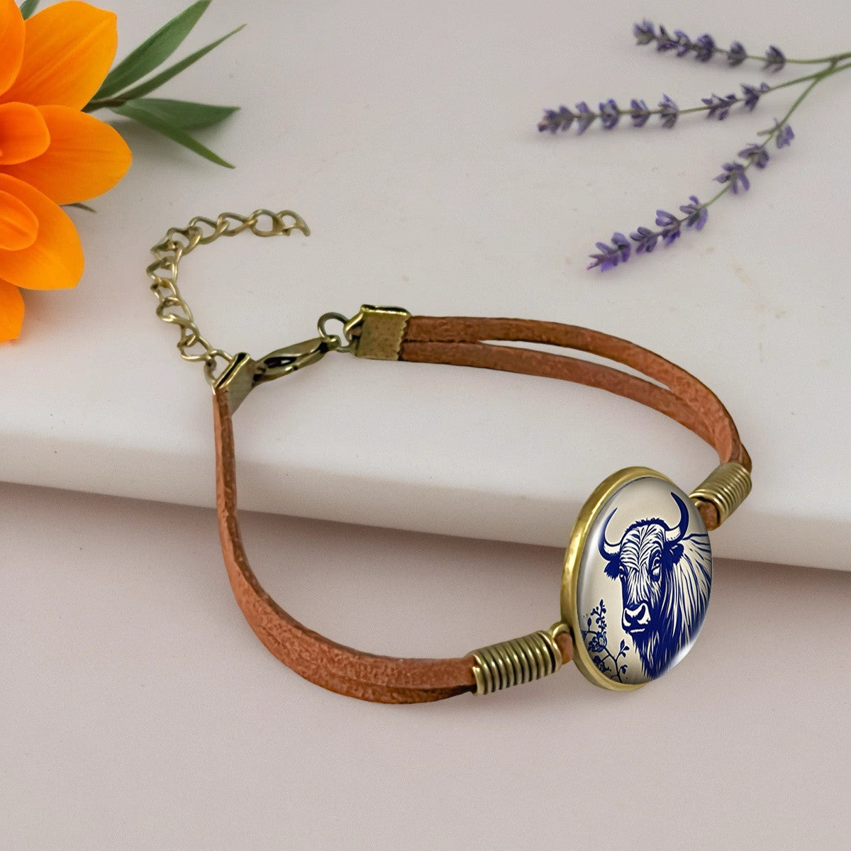 Blue Highland Cow Leather Bracelet