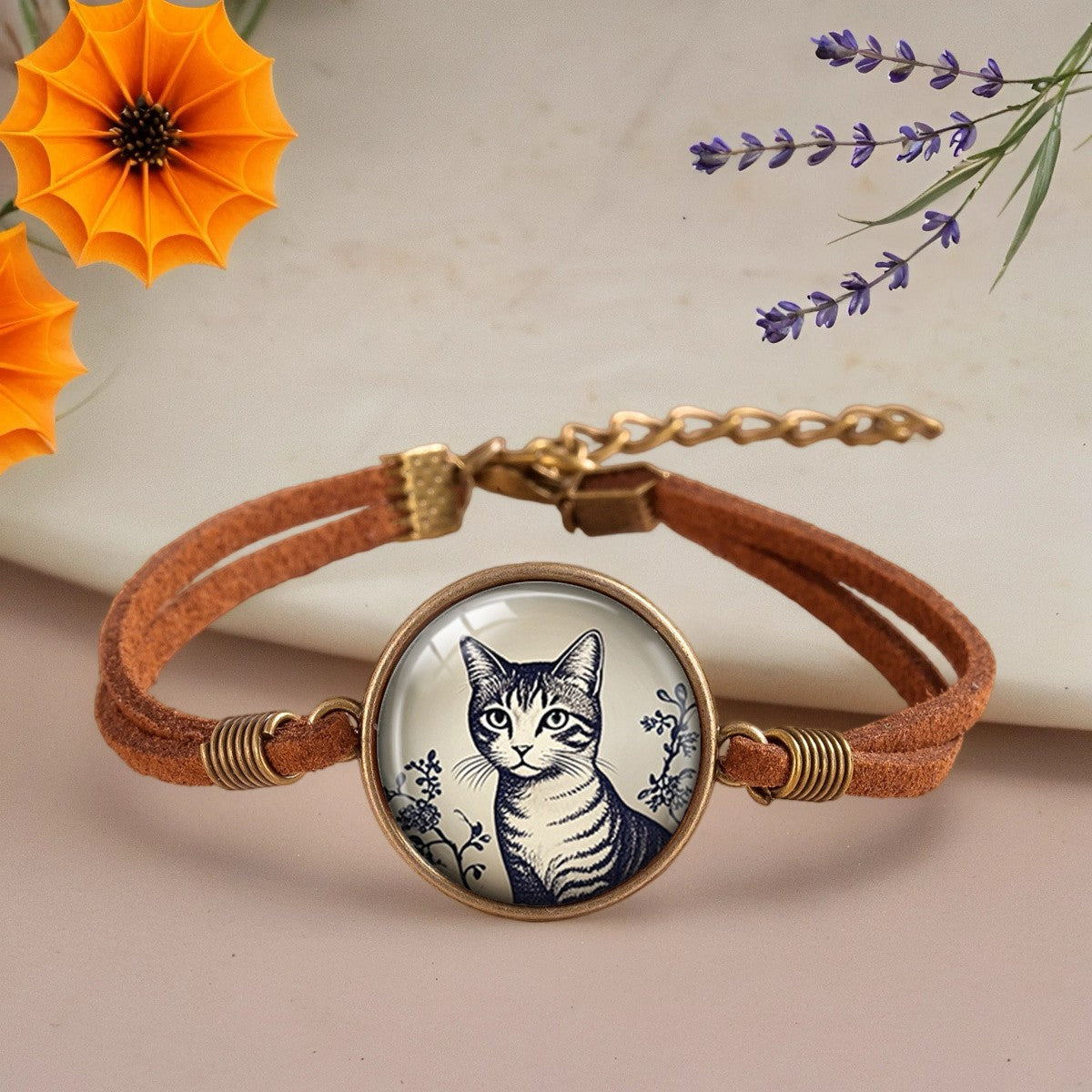 Blue Tabby Cat Glass Bracelet