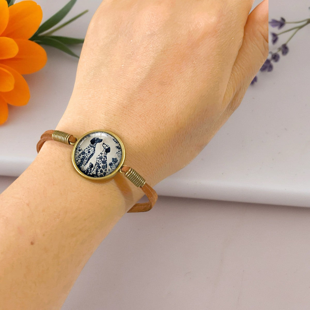 Blue Floral Dog Cabochon Bracelet