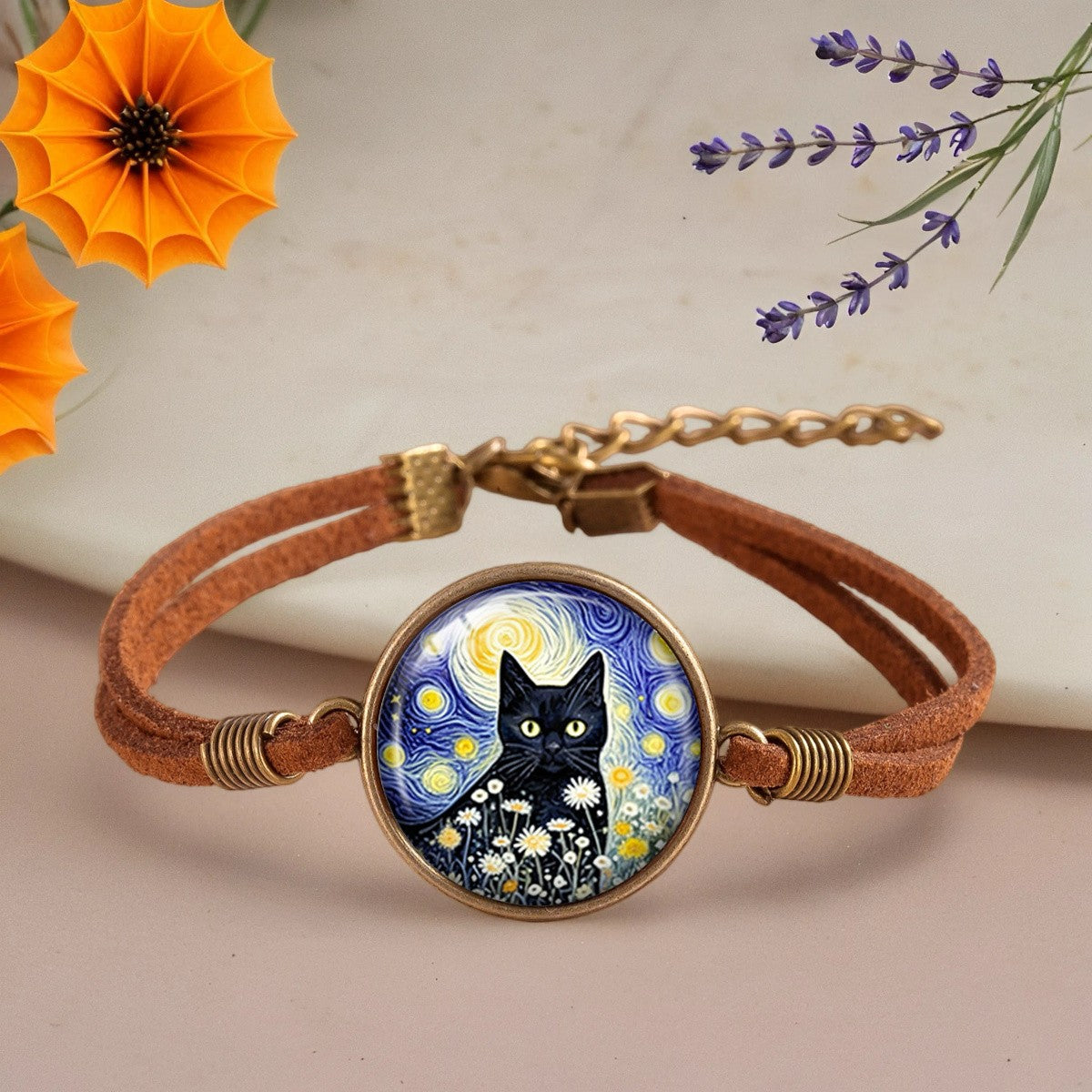 Starry Night Black Cat Floral Bracelet