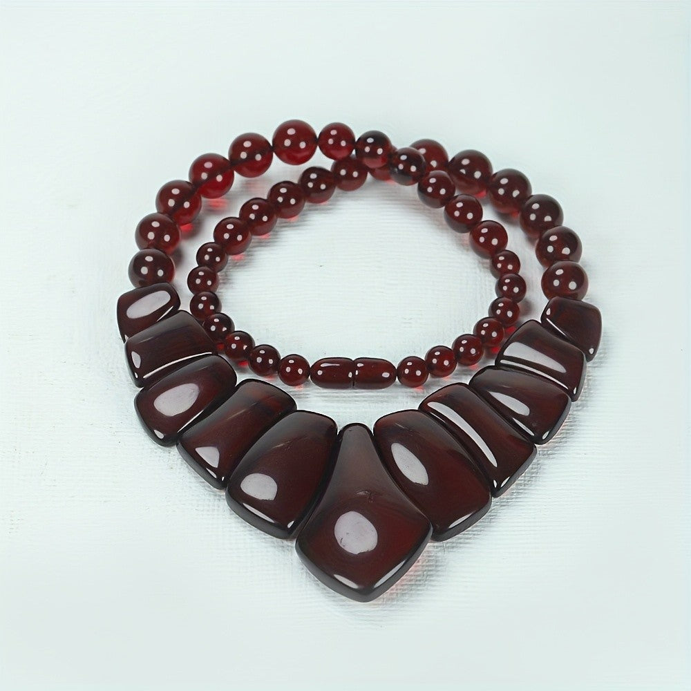 Burgundy Bead & Geometric Statement Necklace