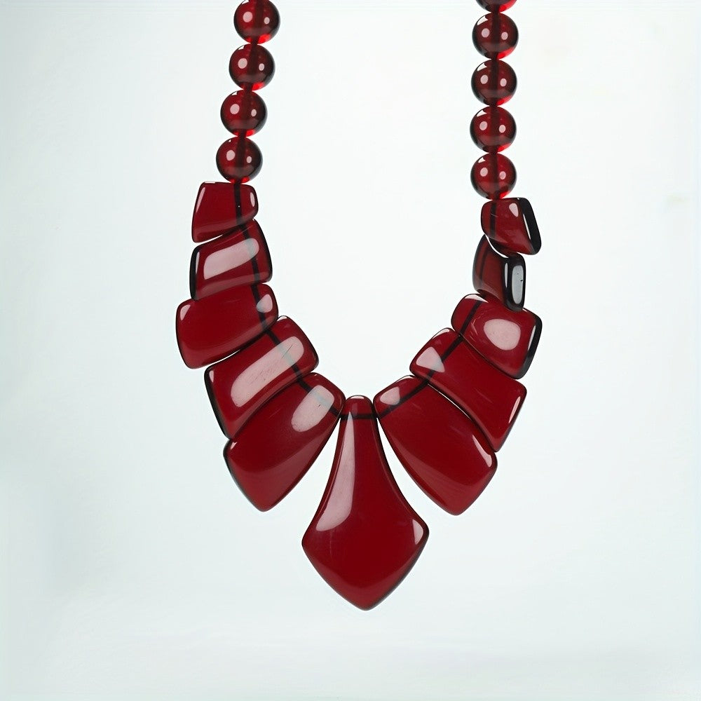 Burgundy Bead & Geometric Statement Necklace