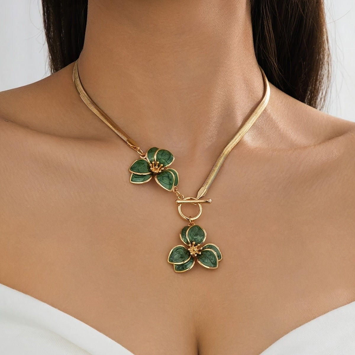 Green Enamel Flower Toggle Necklace