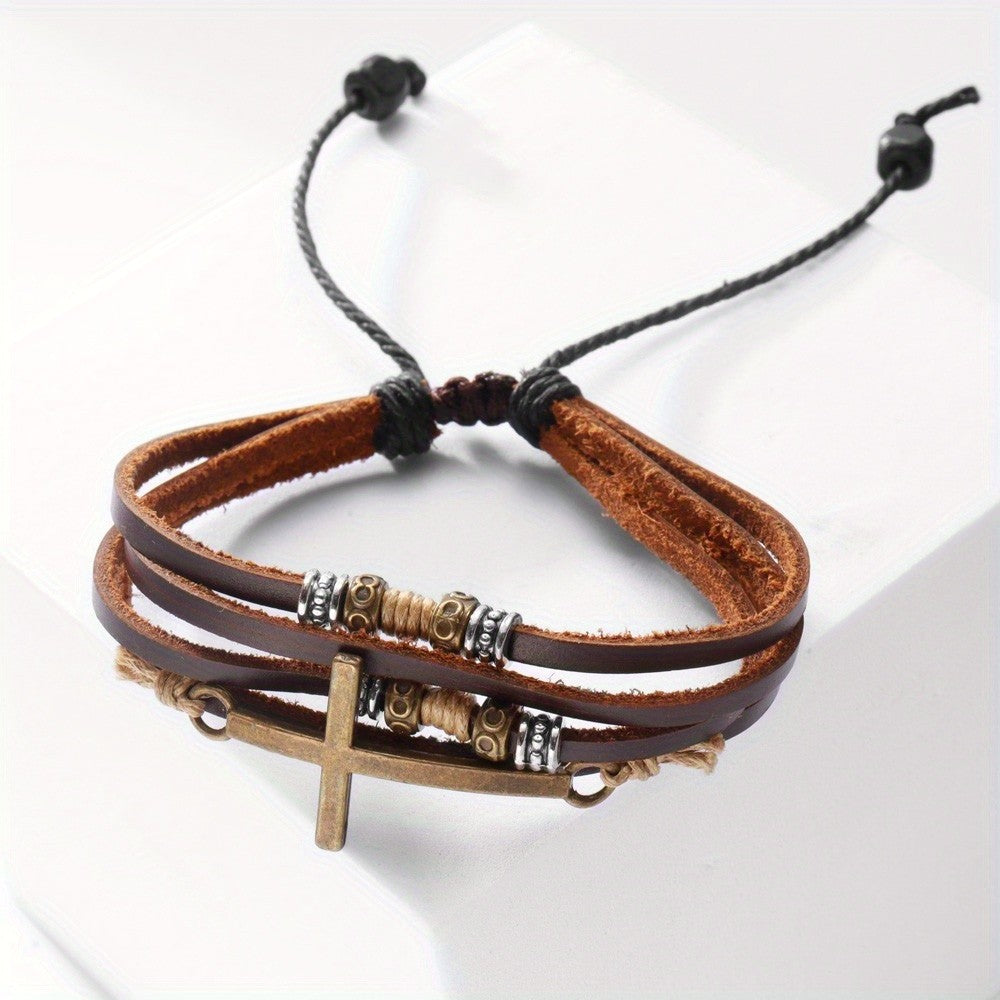 Brown Leather Wrap Cross Bracelet