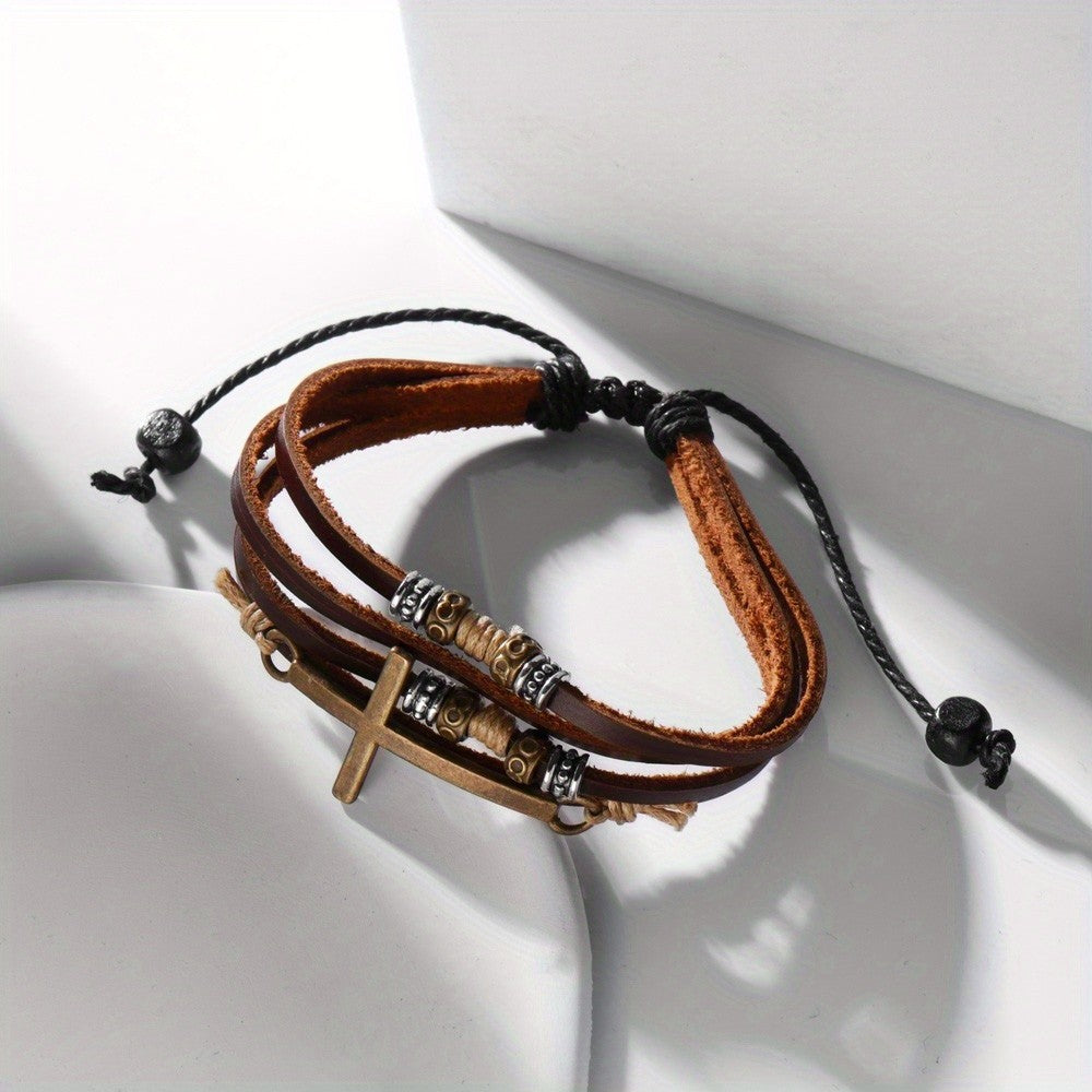 Brown Leather Wrap Cross Bracelet