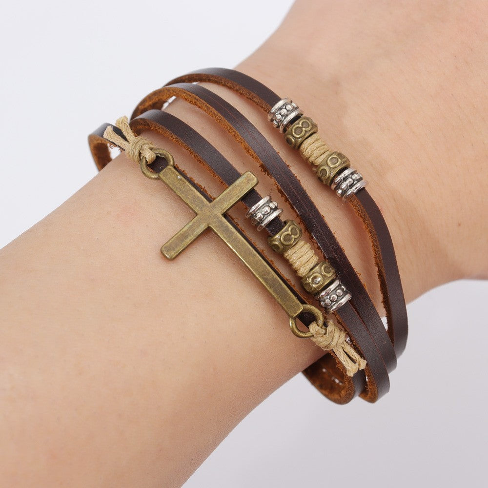 Brown Leather Wrap Cross Bracelet
