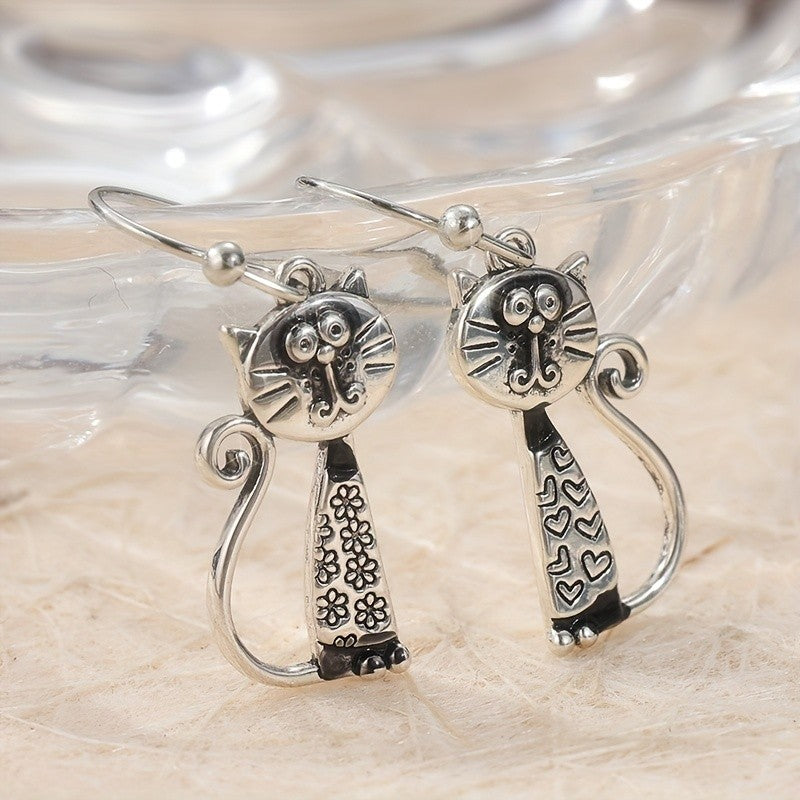 Floral & Heart Cat Dangle Earrings