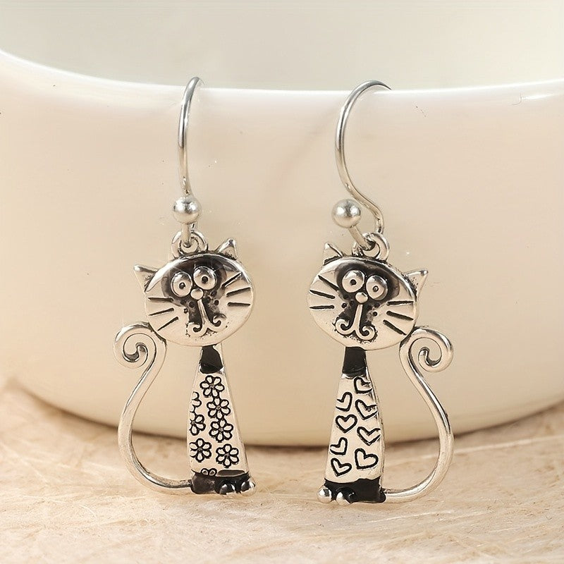 Floral & Heart Cat Dangle Earrings