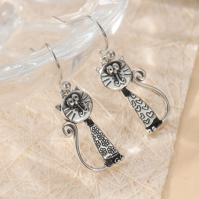 Floral & Heart Cat Dangle Earrings