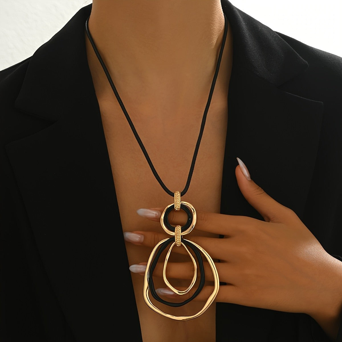 Interlocking Circle & Teardrop Cord Necklace