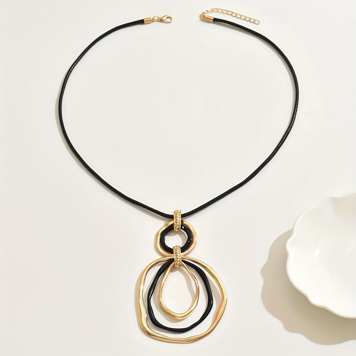 Interlocking Circle & Teardrop Cord Necklace