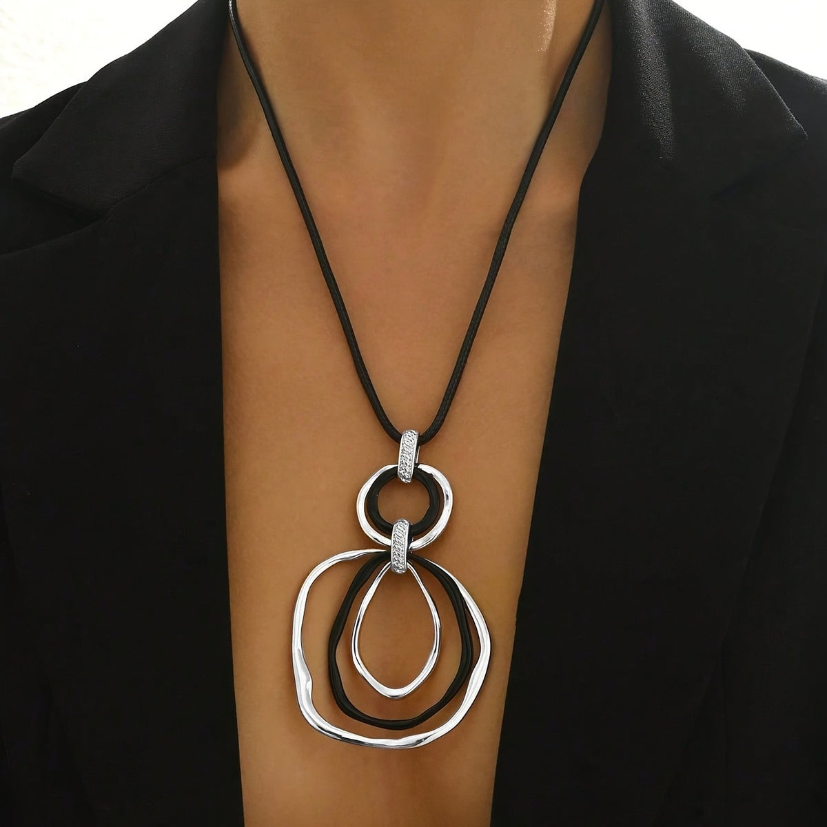 Interlocking Circle & Teardrop Cord Necklace