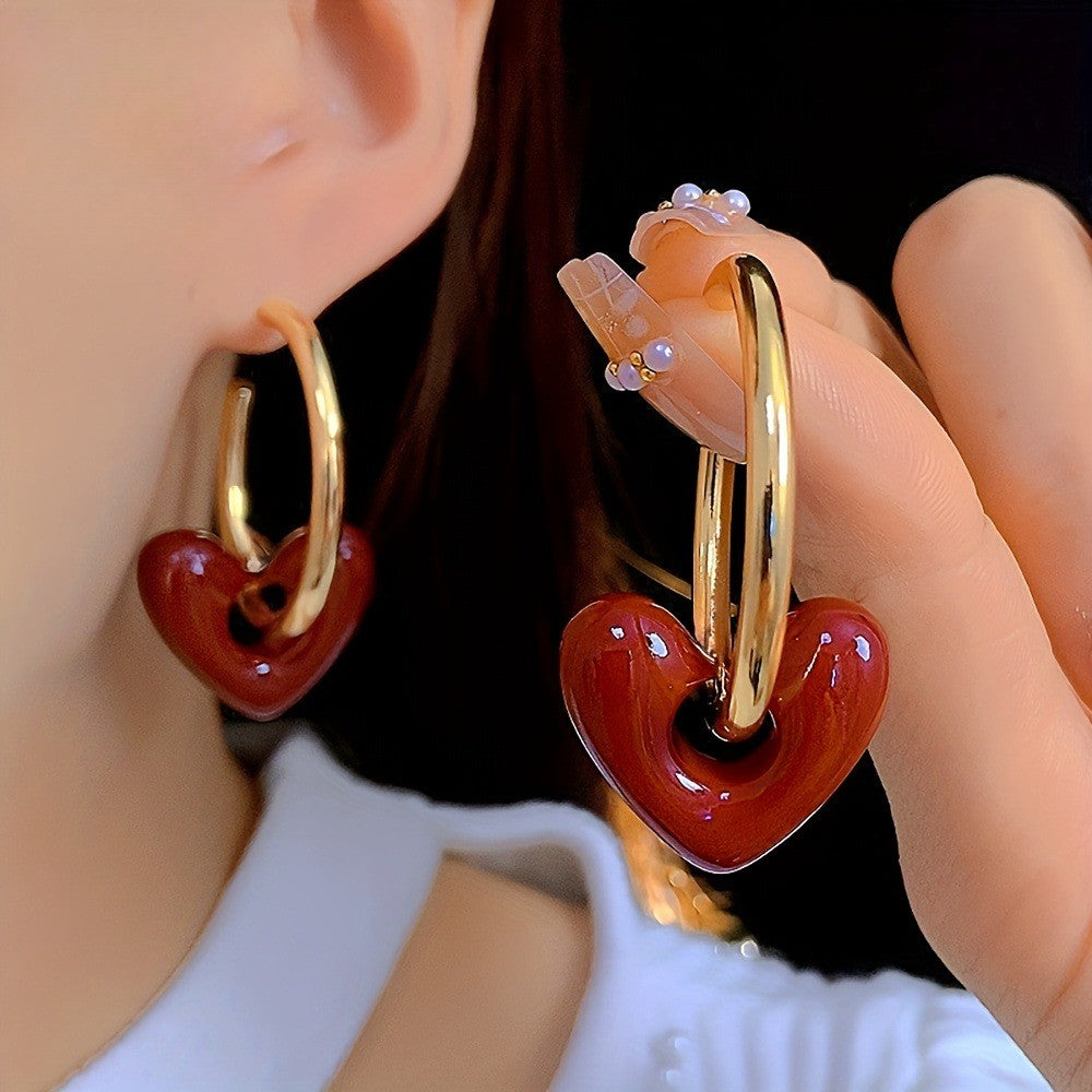 Glossy Red Heart Hoop Earrings