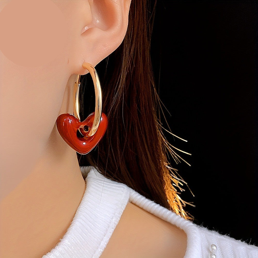 Glossy Red Heart Hoop Earrings