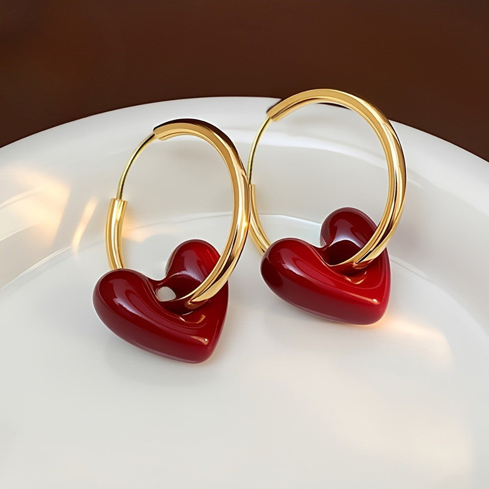 Glossy Red Heart Hoop Earrings