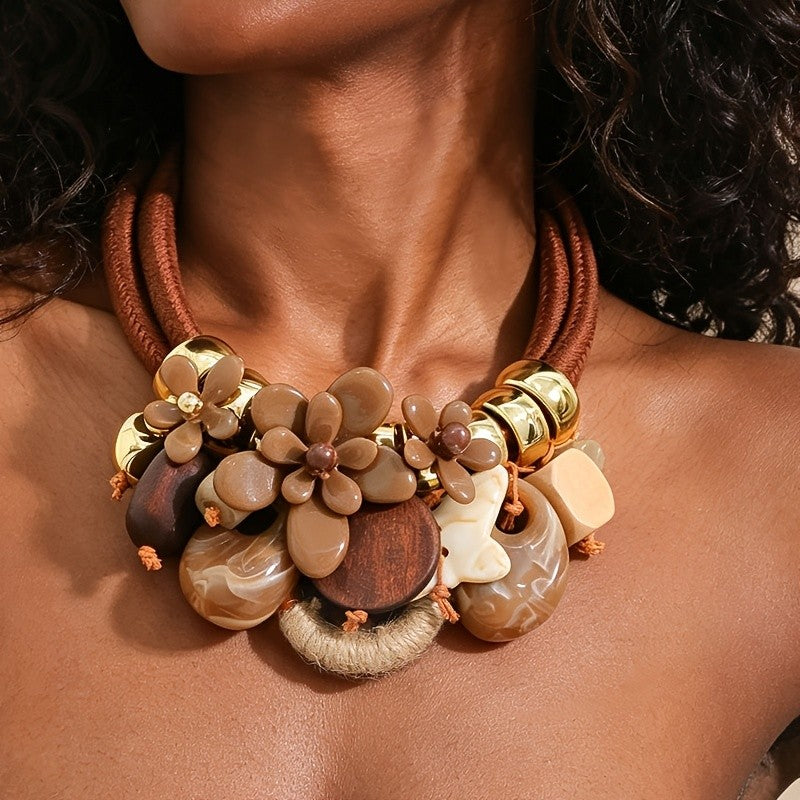 Mixed Material Floral Statement Necklace
