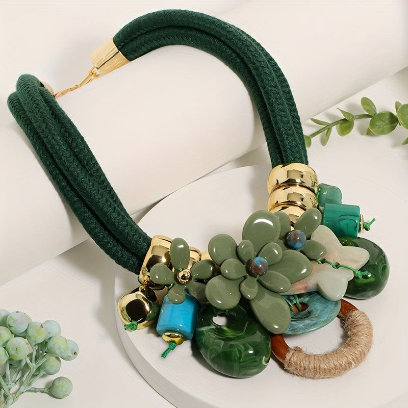Mixed Material Floral Statement Necklace