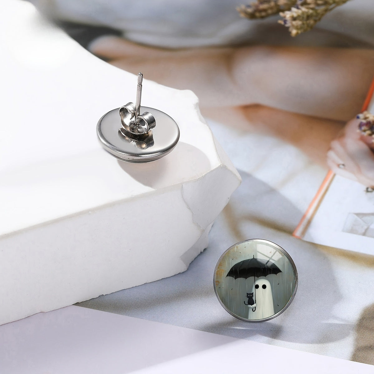 Ghost and Cat Umbrella Stud Earrings
