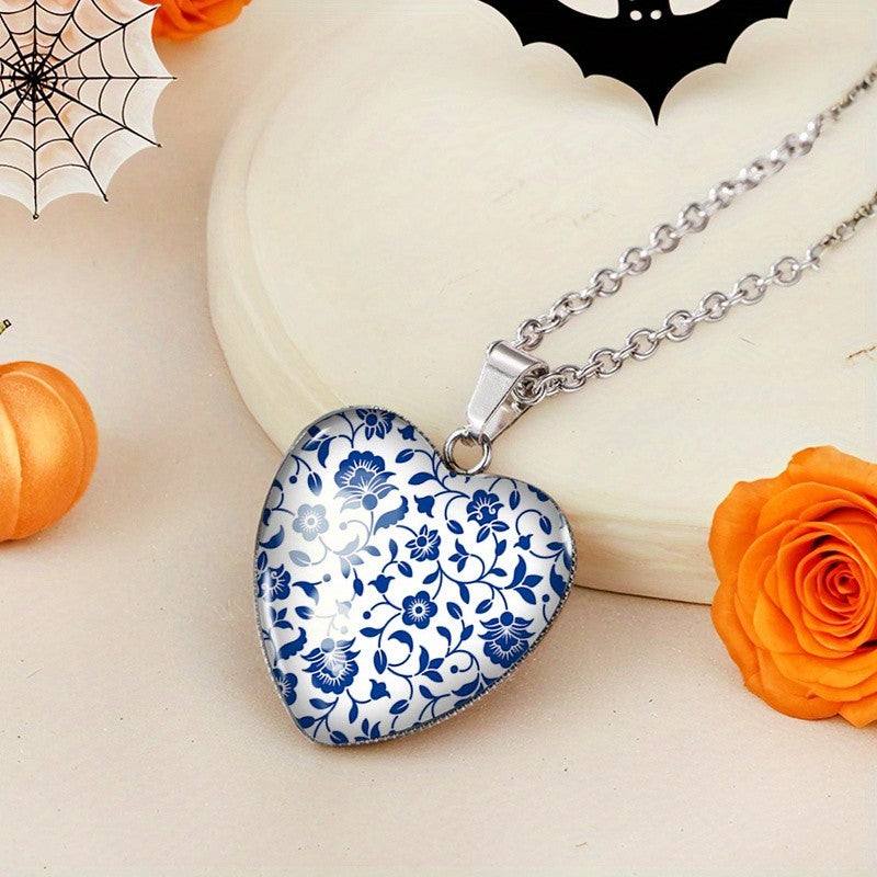 Blue Floral Vine Heart Necklace