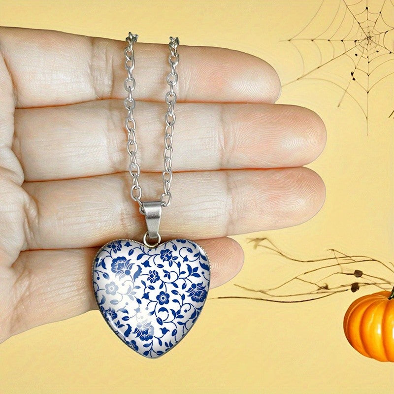 Blue Floral Vine Heart Necklace