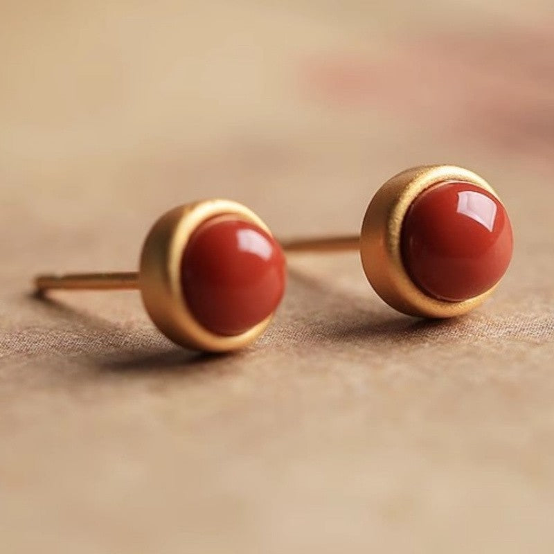 Red Cabochon Gold-Tone Stud Earrings