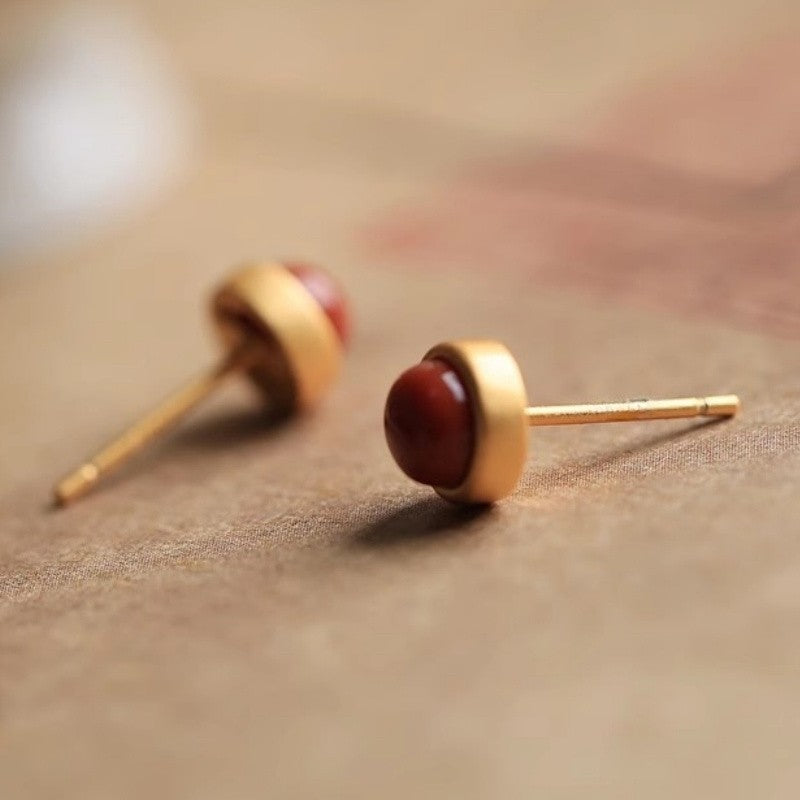 Red Cabochon Gold-Tone Stud Earrings