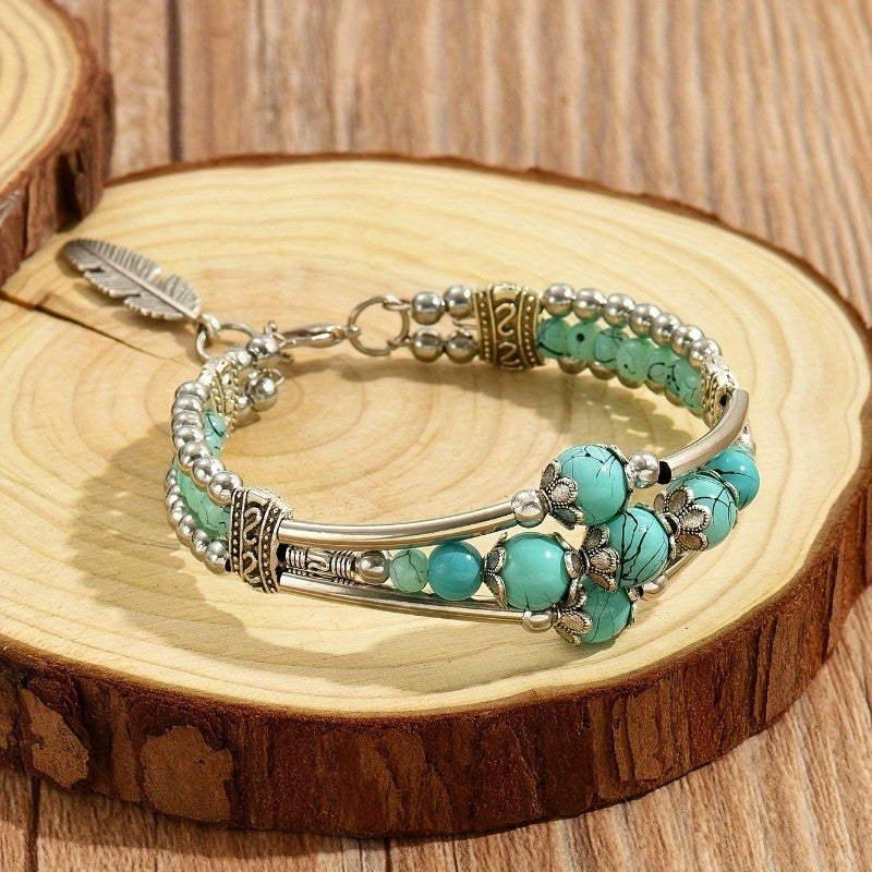 Green Bead Feather Charm Bracelet