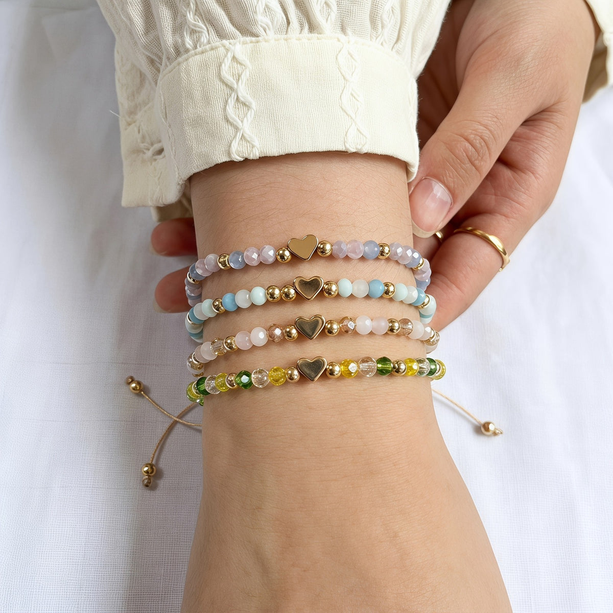 Heart Charm Adjustable Bead Bracelet