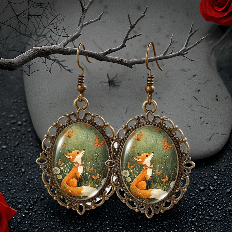 Fox and Butterfly Oval Earrings