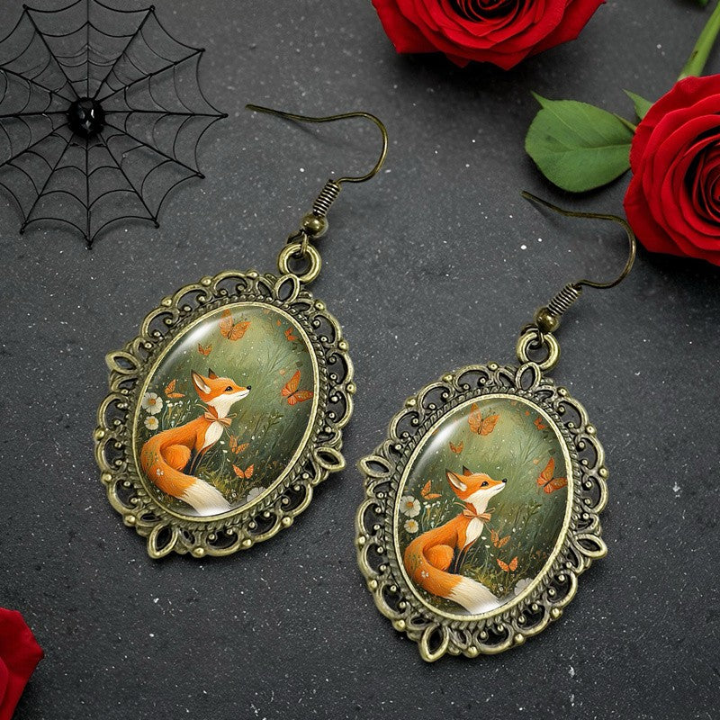 Fox and Butterfly Oval Earrings