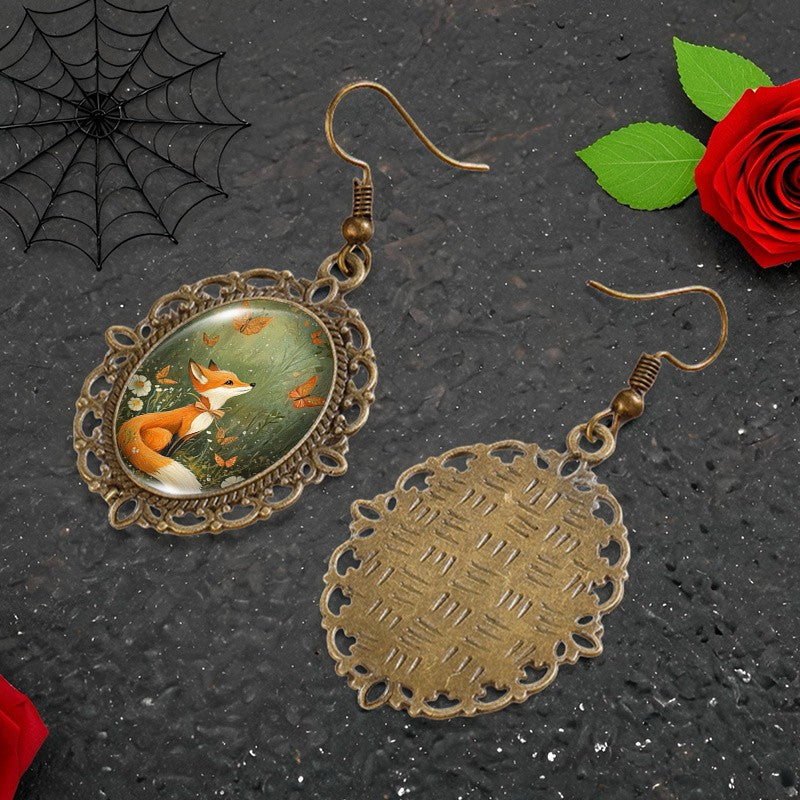 Fox and Butterfly Oval Earrings