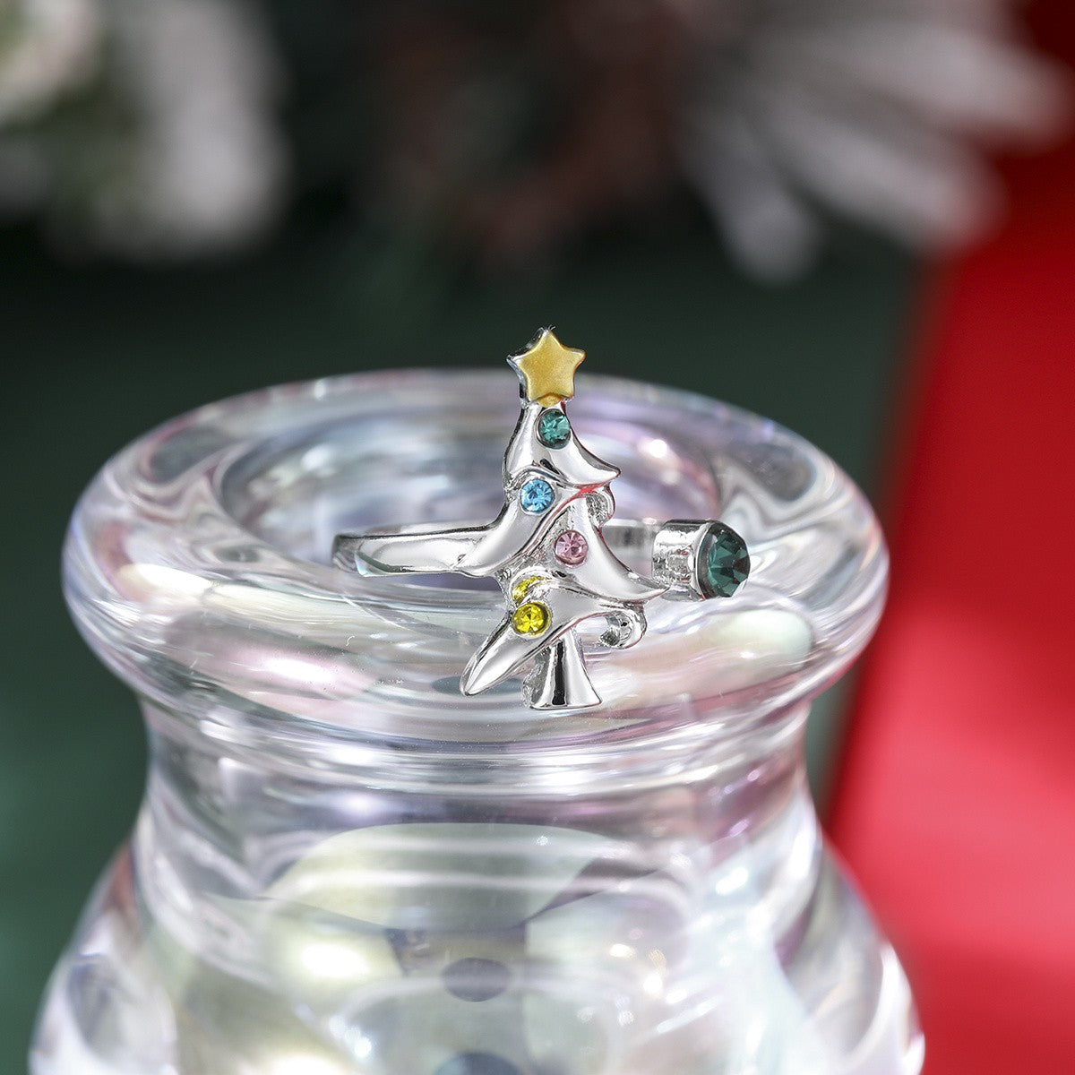 Multicolor Crystal Christmas Tree Open Ring