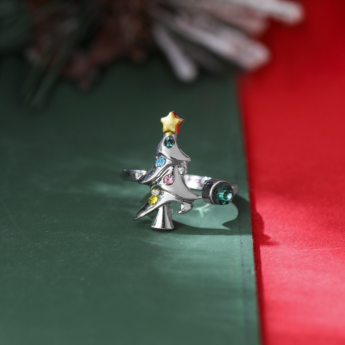 Multicolor Crystal Christmas Tree Open Ring