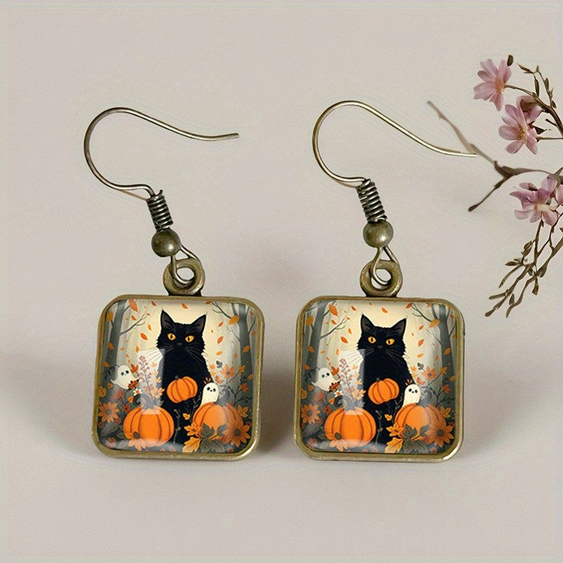 Black Cat Pumpkin Square Earrings