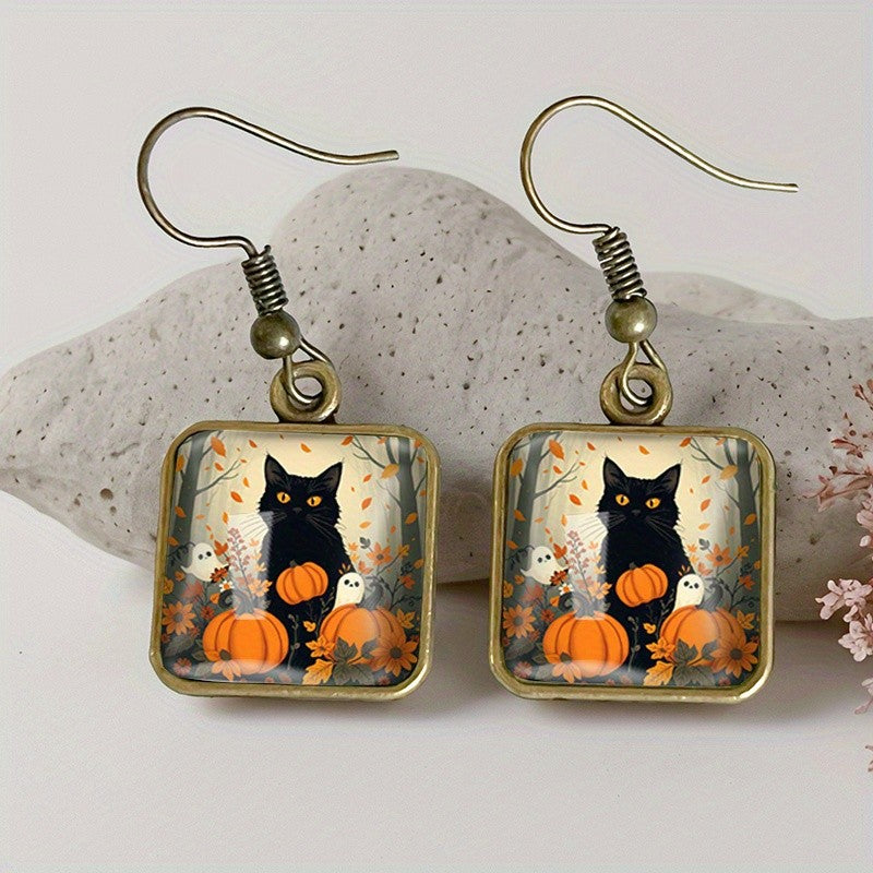Black Cat Pumpkin Square Earrings