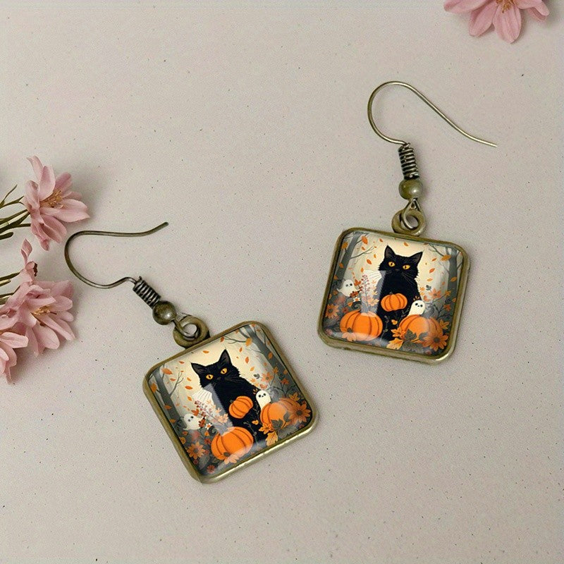 Black Cat Pumpkin Square Earrings