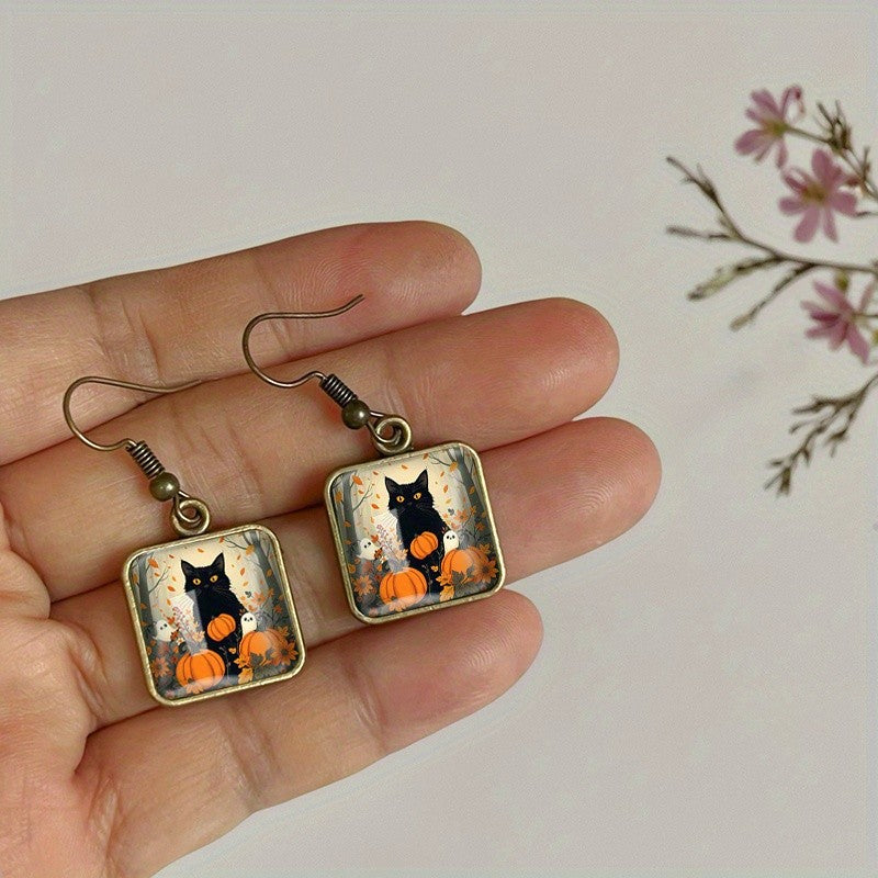 Black Cat Pumpkin Square Earrings