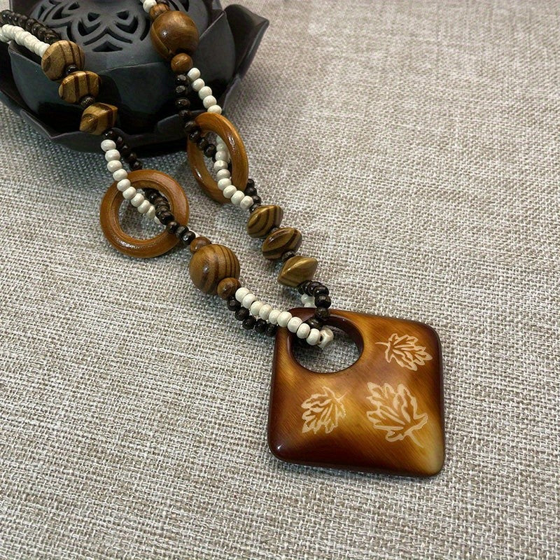 Wooden Square & Circle Bead Necklace