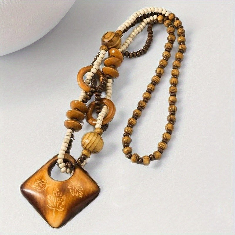 Wooden Square & Circle Bead Necklace