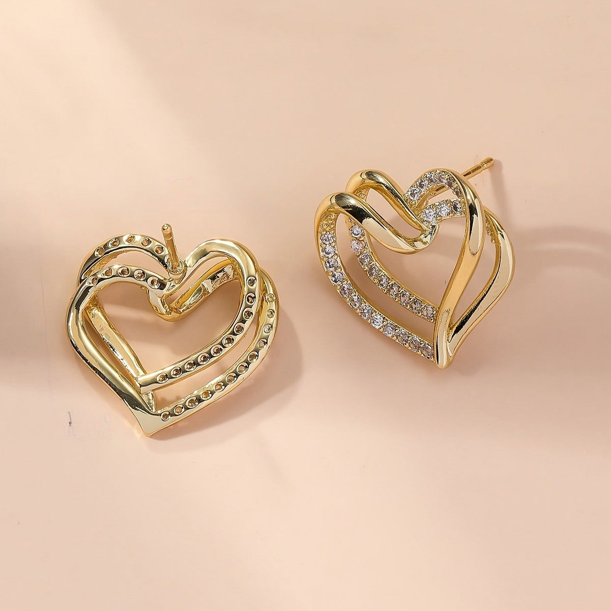Double Heart Crystal Stud Earrings