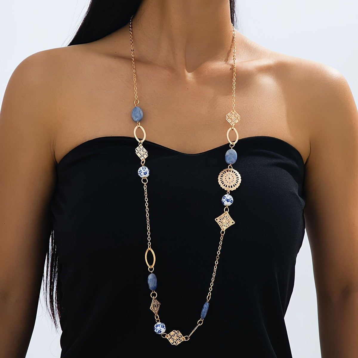 Blue Floral & Geometric Long Necklace