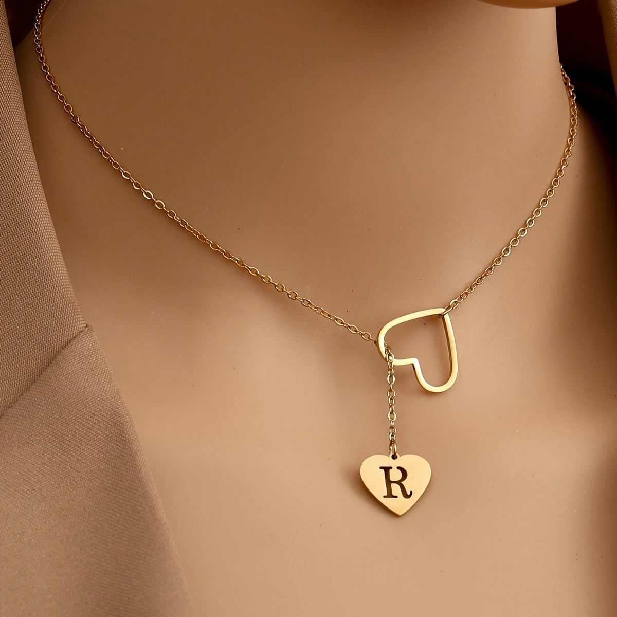 Open Heart Initial Lariat Necklace
