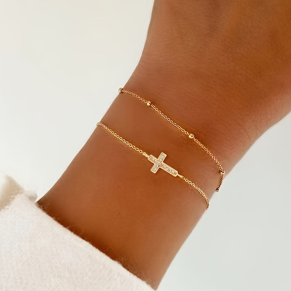 Zircon Cross & Bead Chain Bracelet Set