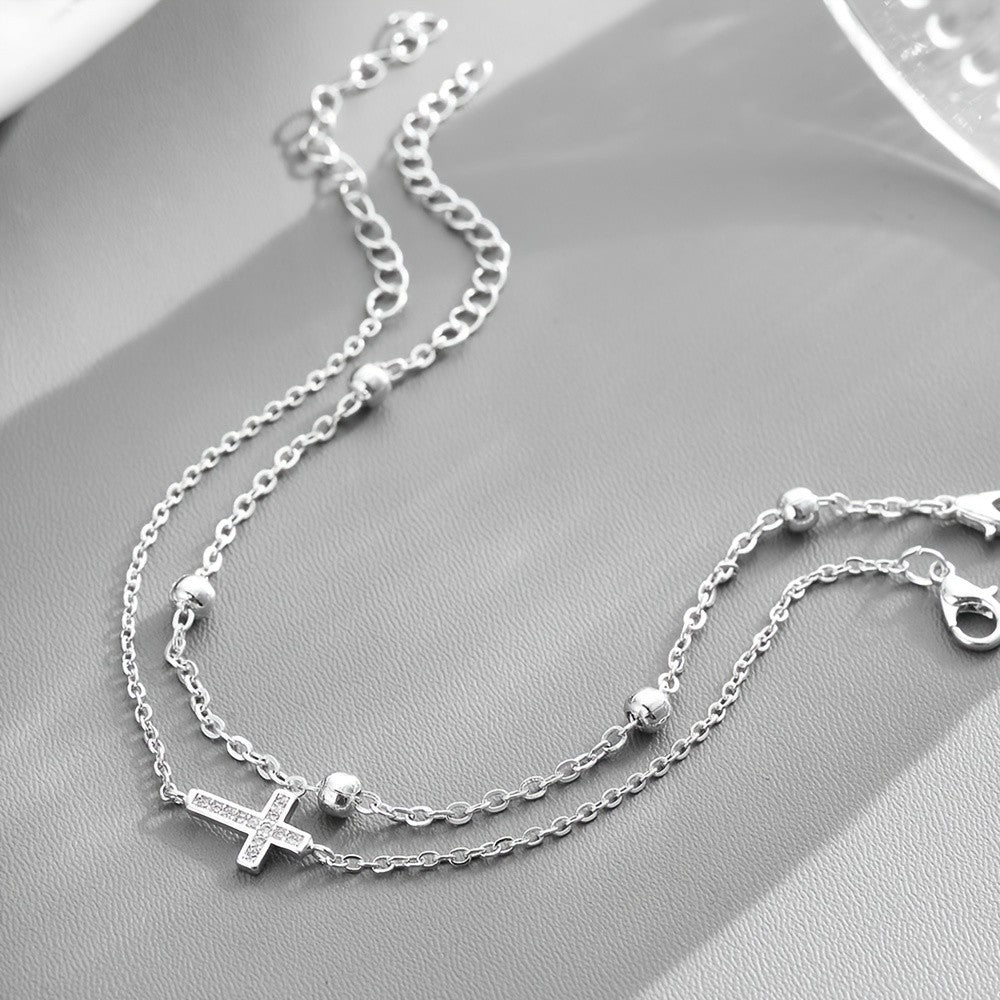 Zircon Cross & Bead Chain Bracelet Set