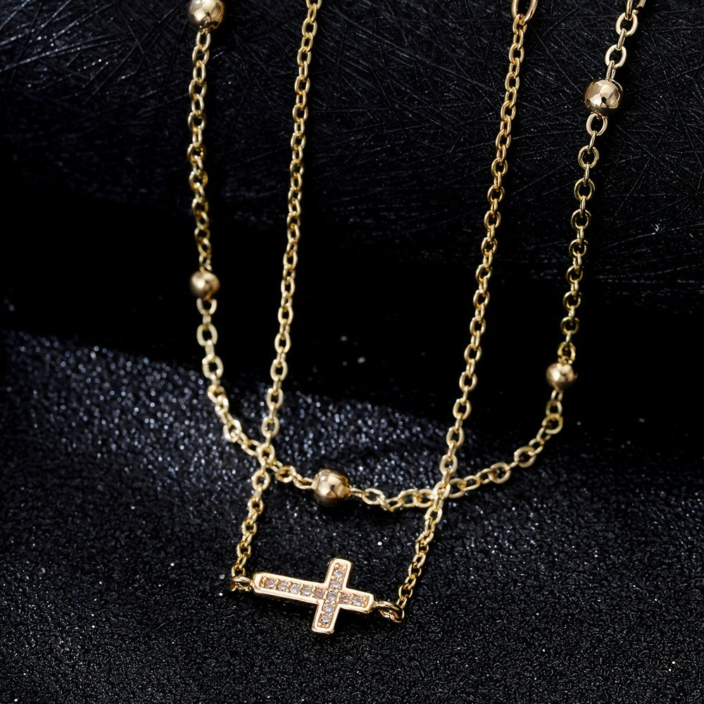 Zircon Cross & Bead Chain Bracelet Set