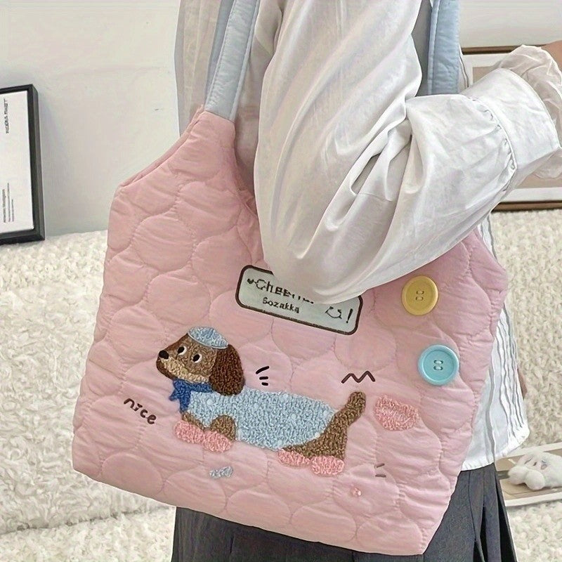 Embroidered Puppy Quilted Tote
