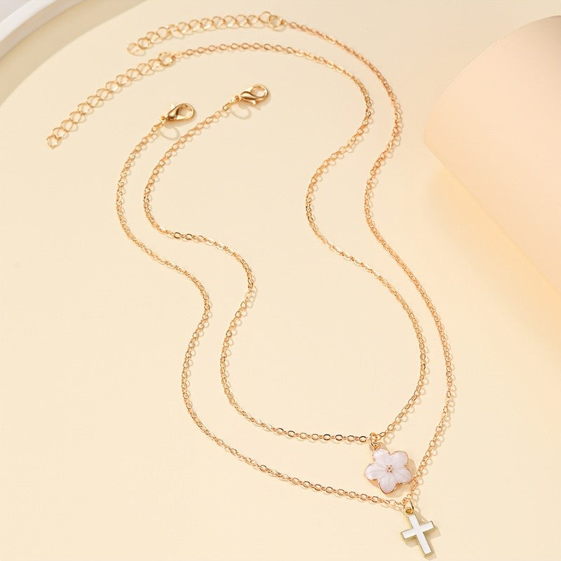 Sakura Flower & Cross Layered Necklace