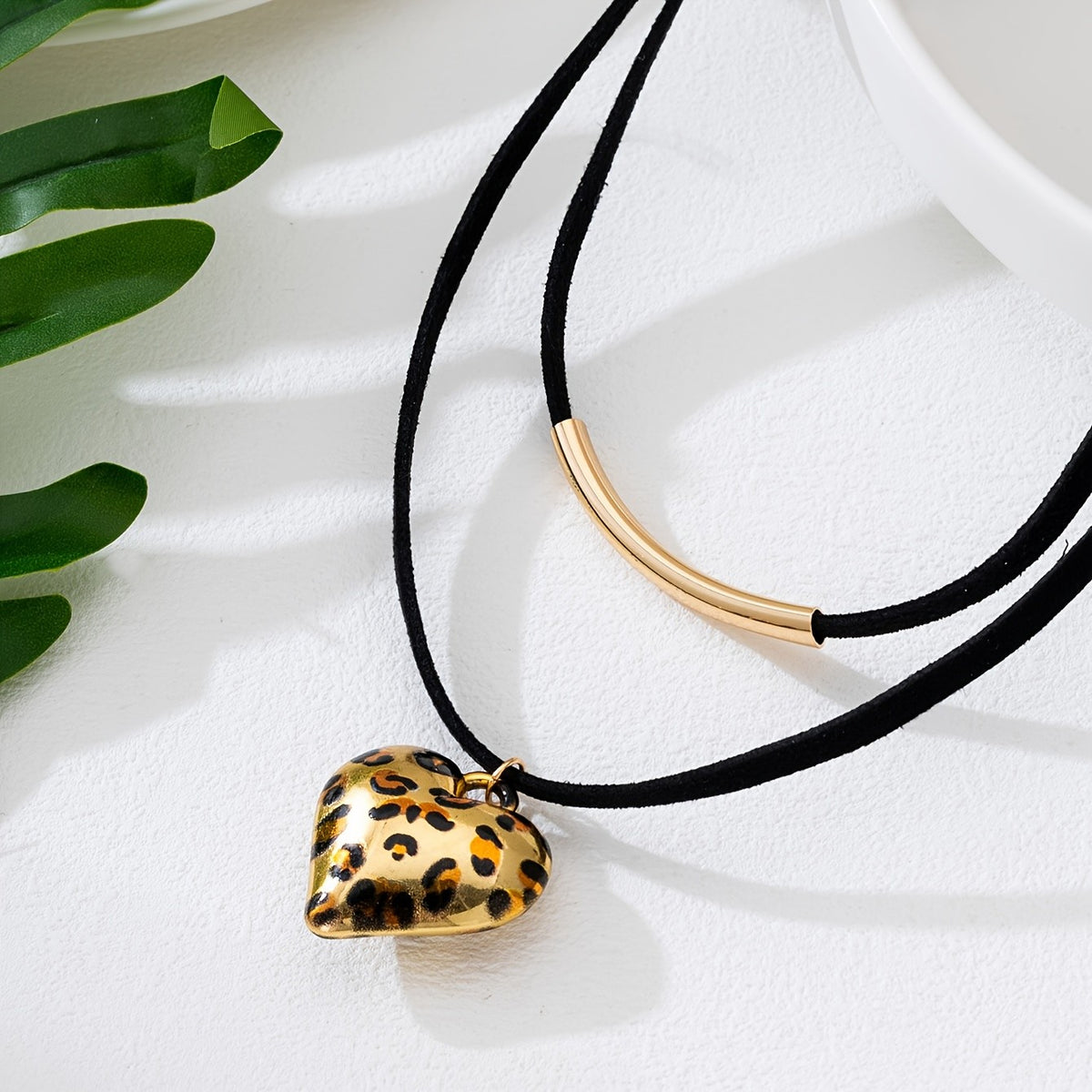 Leopard Heart & Bar Layered Necklace
