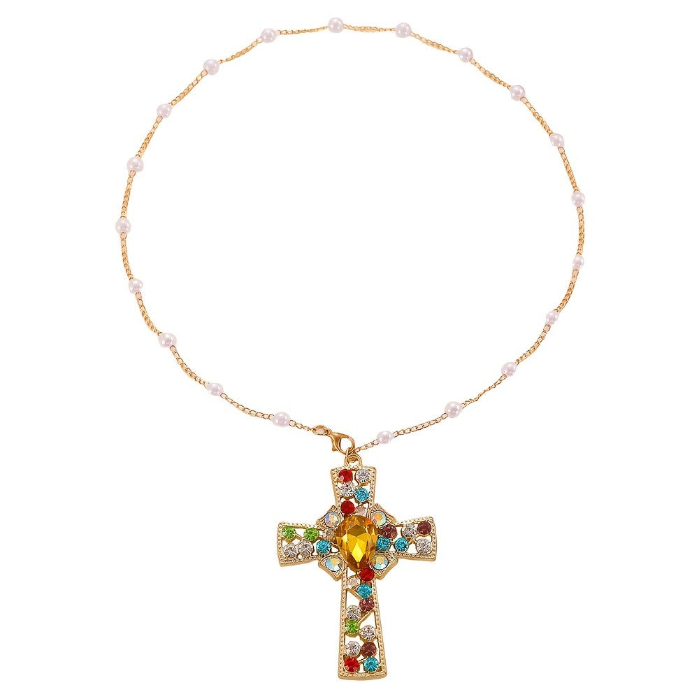 Multicolor Crystal Cross Pearl Necklace